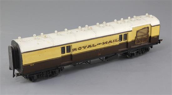 A scratchbuilt GWR Royal Mail TPO Coach, no.614, in chocolate and cream, with bag catcher